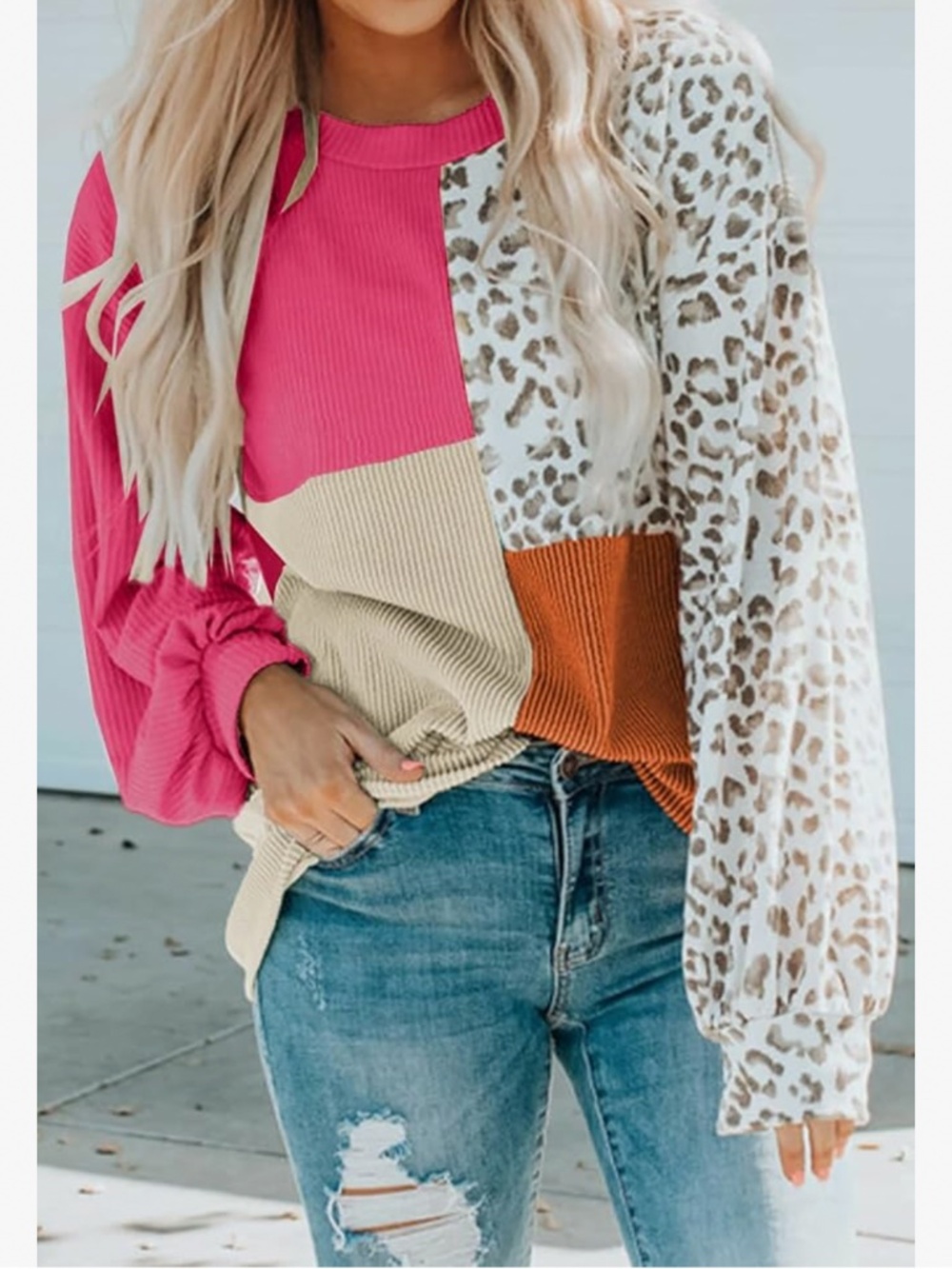 The Emma Top Stylish women's long sleeve top in vibrant pink with cream colorblo
